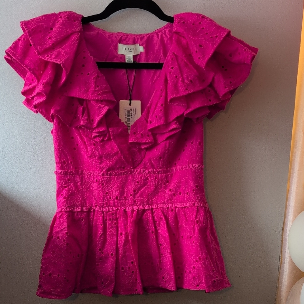 Ted Baker Hot Pink Eyelet Ruffle Peplum Top
